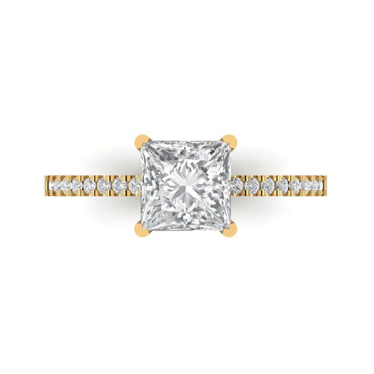 1.62 cttw Moissanite Solitaire with Zirconia Simulated Diamond Accents Engagement Ring - Solid Yellow Gold (VVS1, Princess Cut,6.5mm)