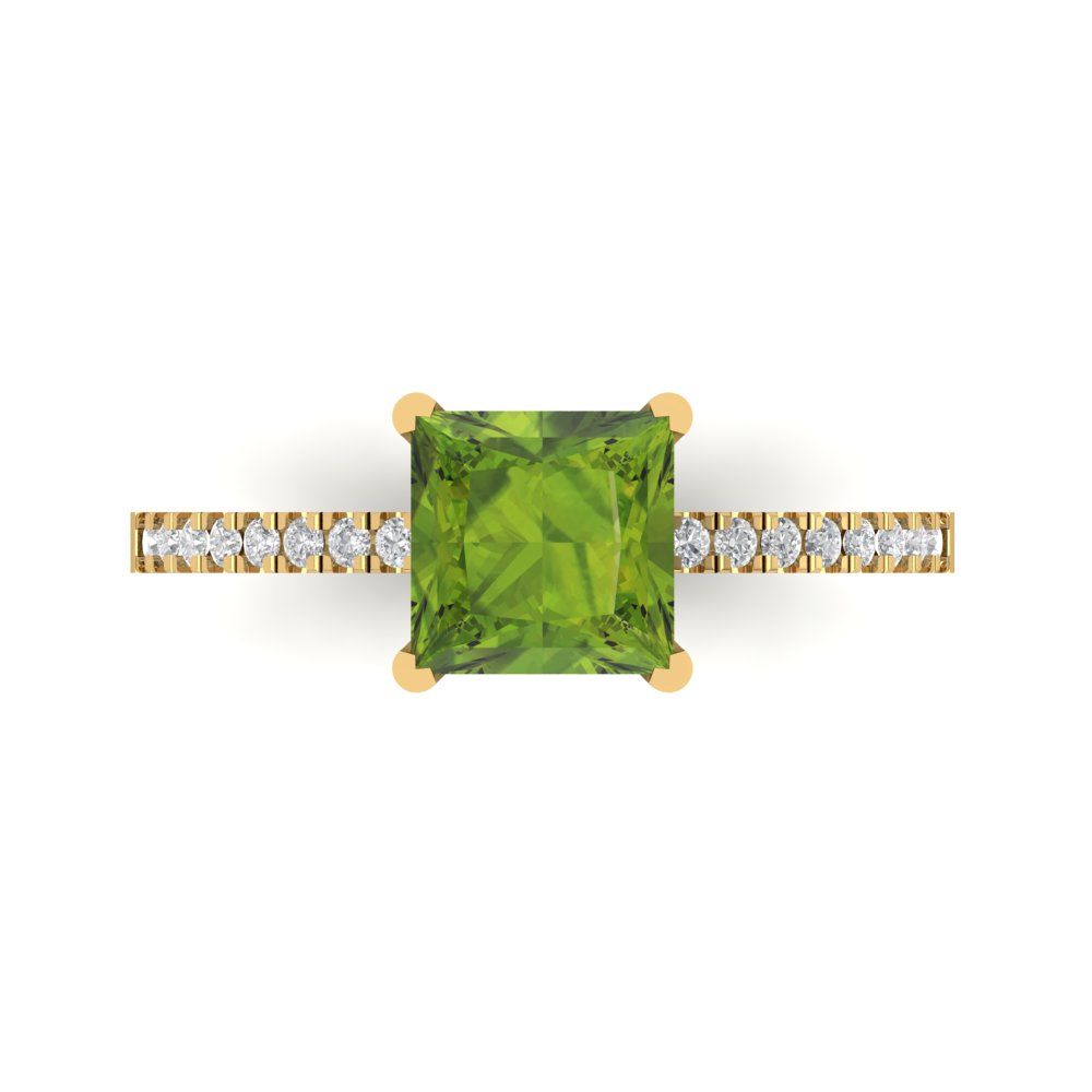 1.62 cttw Natural Peridot Solitaire with Zirconia Simulated Diamond Accents Engagement Ring - Solid Yellow Gold (VVS1, Princess Cut,6.5mm)