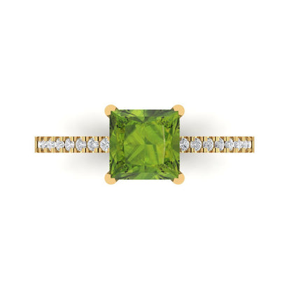 1.62 cttw Natural Peridot Solitaire with Zirconia Simulated Diamond Accents Engagement Ring - Solid Yellow Gold (VVS1, Princess Cut,6.5mm)