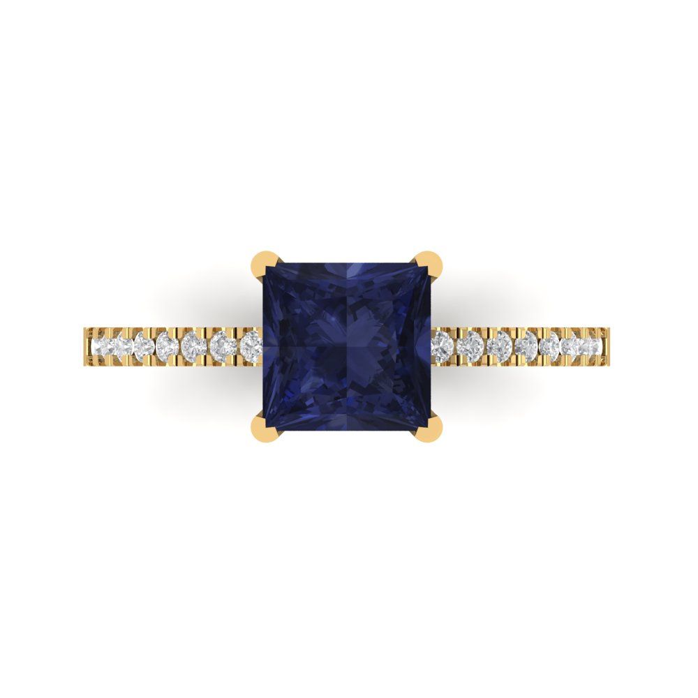 1.62 cttw Simulated Blue Sapphire Solitaire with Zirconia Simulated Diamond Accents Engagement Ring - Solid Gold (Princess Cut,6.5mm)