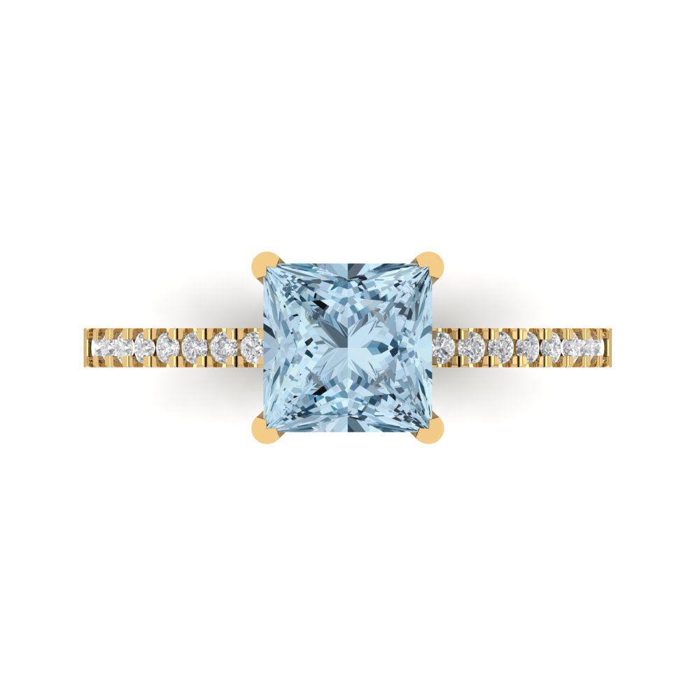 1.62 cttw Natural Aquamarine Solitaire with Zirconia Simulated Diamond Accents Engagement Ring - Solid Yellow Gold (VVS1, Princess Cut,6.5mm)