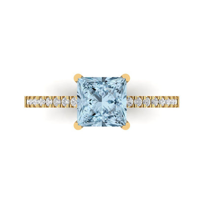 1.62 cttw Natural Aquamarine Solitaire with Zirconia Simulated Diamond Accents Engagement Ring - Solid Yellow Gold (VVS1, Princess Cut,6.5mm)