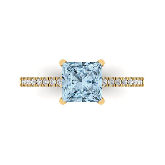 1.62 cttw Natural Aquamarine Solitaire with Zirconia Simulated Diamond Accents Engagement Ring - Solid Yellow Gold (VVS1, Princess Cut,6.5mm)
