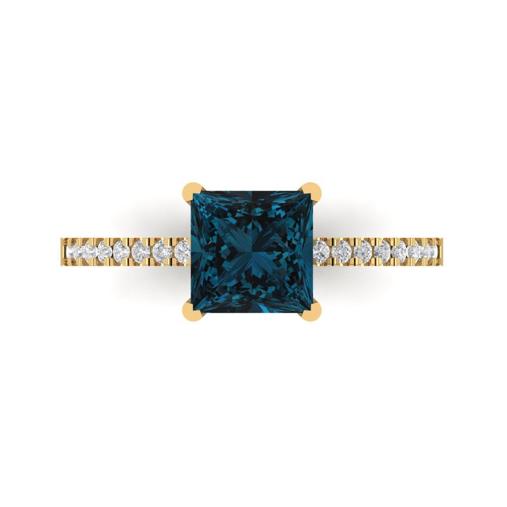 1.62 cttw Natural London Blue Topaz Solitaire with Zirconia Simulated Diamond Accents Engagement Ring - Solid Gold (Princess Cut,6.5mm)