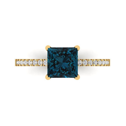 1.62 cttw Natural London Blue Topaz Solitaire with Zirconia Simulated Diamond Accents Engagement Ring - Solid Gold (Princess Cut,6.5mm)