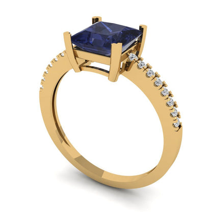 1.62 cttw Simulated Blue Sapphire Solitaire with Zirconia Simulated Diamond Accents Engagement Ring - Solid Gold (Princess Cut,6.5mm)