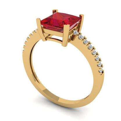 1.62 cttw Simulated Ruby Solitaire with Zirconia Simulated Diamond Accents Engagement Ring - Solid Yellow Gold (VVS1, Princess Cut,6.5mm)