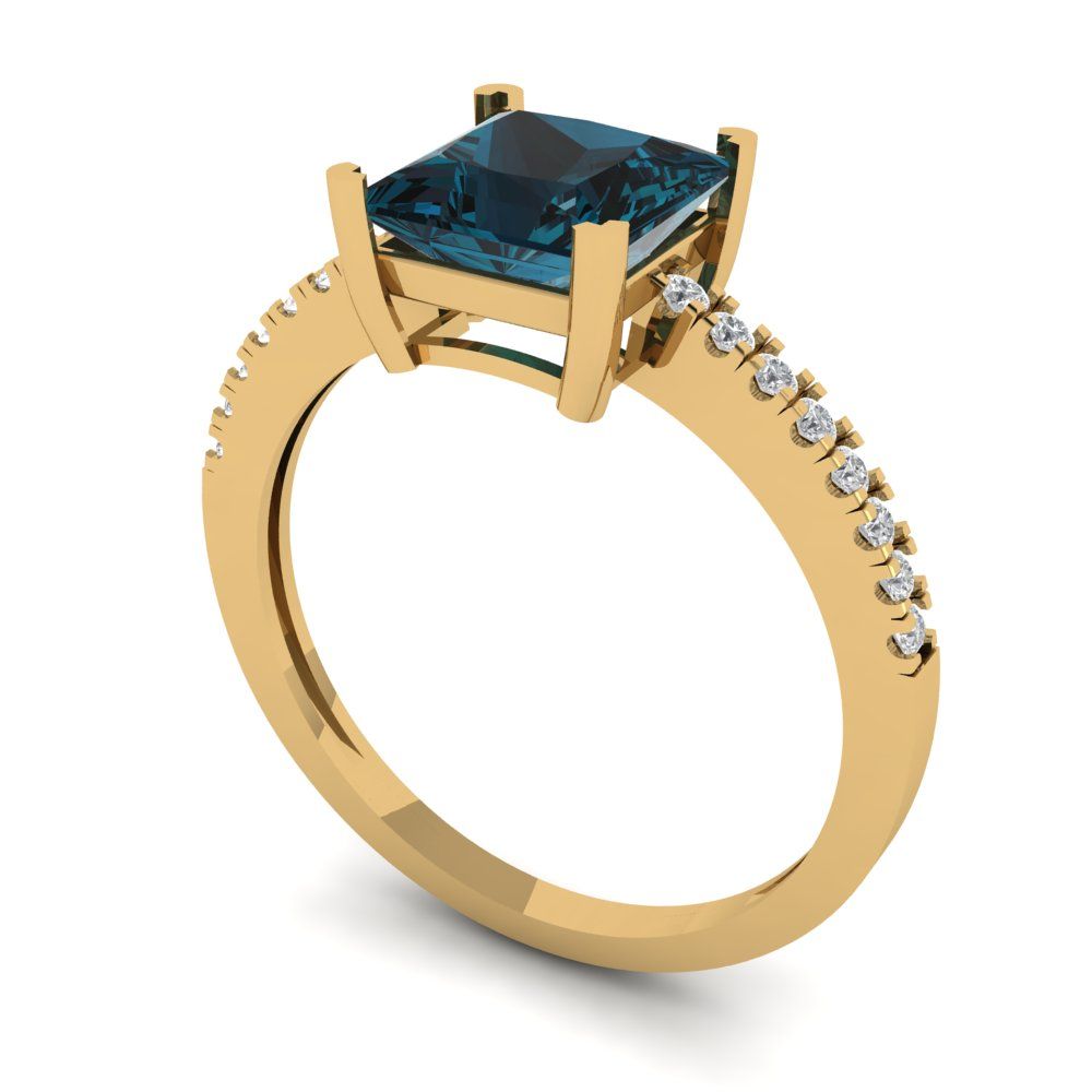 1.62 cttw Natural London Blue Topaz Solitaire with Zirconia Simulated Diamond Accents Engagement Ring - Solid Gold (Princess Cut,6.5mm)