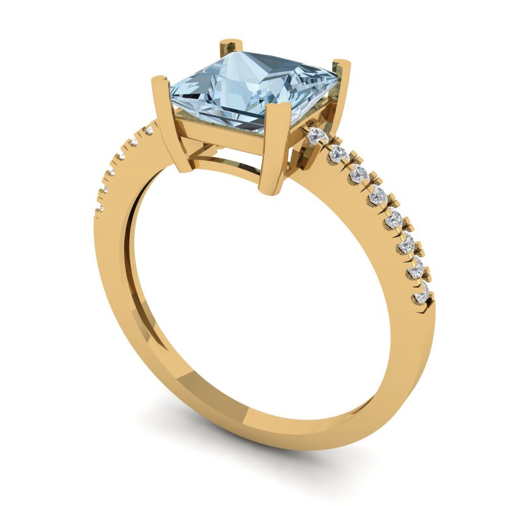 1.62 cttw Natural Aquamarine Solitaire with Zirconia Simulated Diamond Accents Engagement Ring - Solid Yellow Gold (VVS1, Princess Cut,6.5mm)