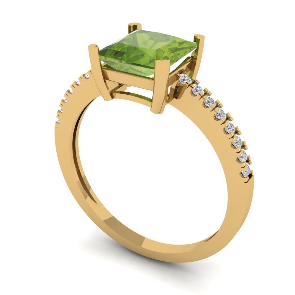1.62 cttw Natural Peridot Solitaire with Zirconia Simulated Diamond Accents Engagement Ring - Solid Gold (Princess Cut,6.5mm)