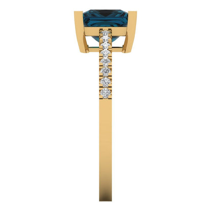 1.62 cttw Natural London Blue Topaz Solitaire with Zirconia Simulated Diamond Accents Engagement Ring - Solid Gold (Princess Cut,6.5mm)