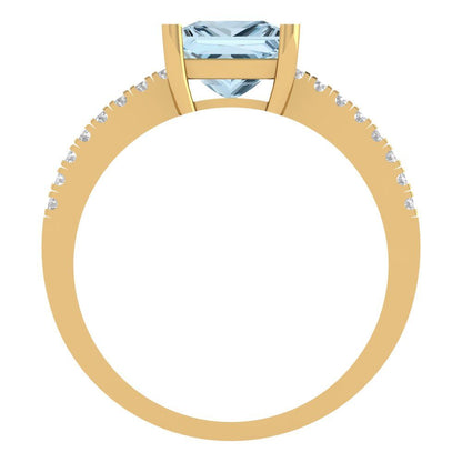 1.62 cttw Natural Aquamarine Solitaire with Zirconia Simulated Diamond Accents Engagement Ring - Solid Yellow Gold (VVS1, Princess Cut,6.5mm)