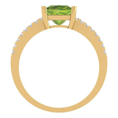 1.62 cttw Natural Peridot Solitaire with Zirconia Simulated Diamond Accents Engagement Ring - Solid Yellow Gold (VVS1, Princess Cut,6.5mm)