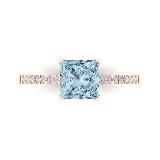 1.62 cttw Natural Aquamarine Solitaire with Zirconia Simulated Diamond Accents Engagement Ring - Solid Rose Gold (VVS1, Princess Cut,6.5mm)