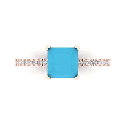 1.62 cttw Simulated Turquoise Solitaire with Zirconia Simulated Diamond Accents Engagement Ring - Solid Gold (Princess Cut,6.5mm)