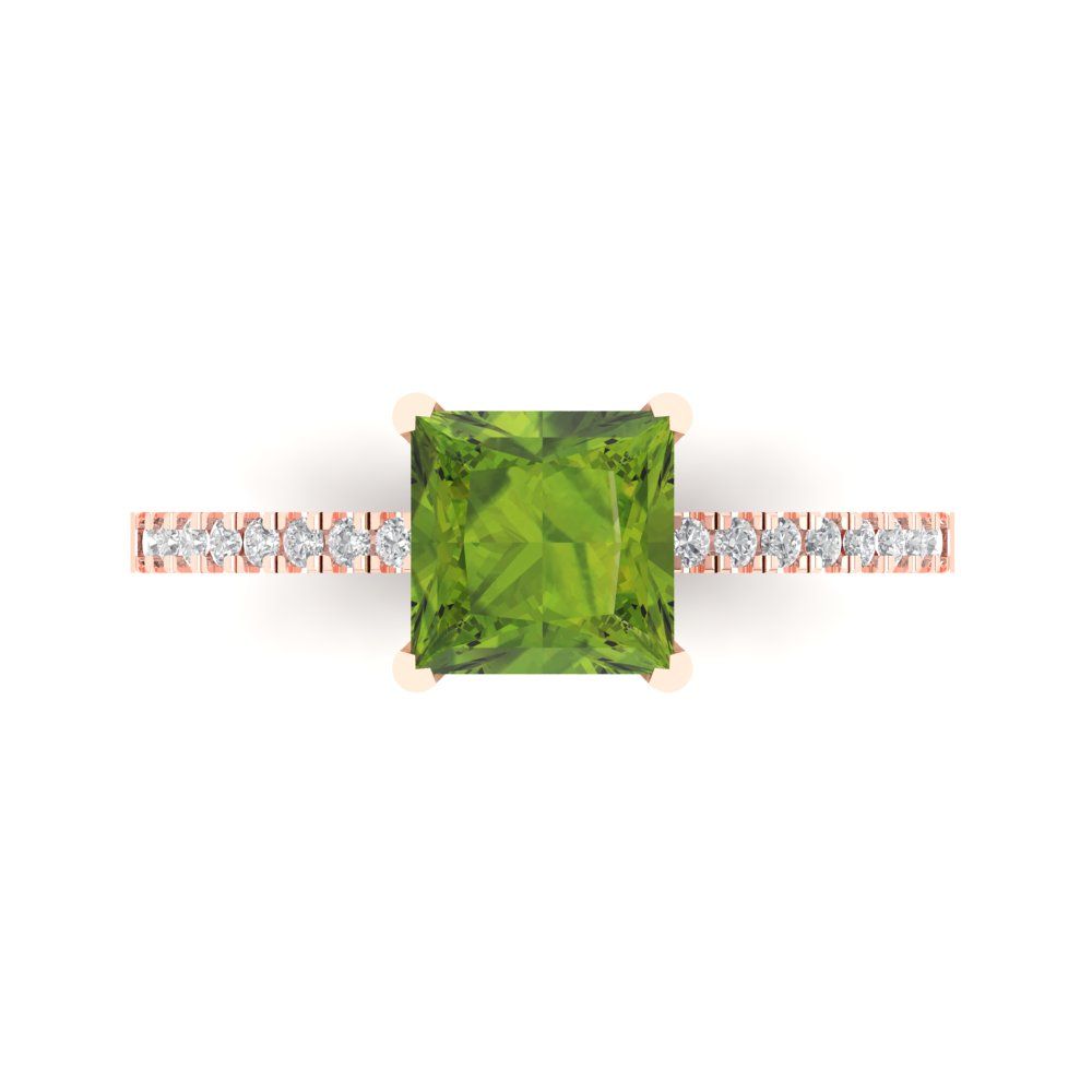 1.62 cttw Natural Peridot Solitaire with Zirconia Simulated Diamond Accents Engagement Ring - Solid Gold (Princess Cut,6.5mm)