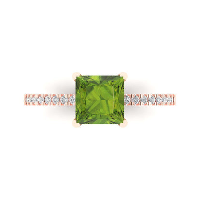 1.62 cttw Natural Peridot Solitaire with Zirconia Simulated Diamond Accents Engagement Ring - Solid Gold (Princess Cut,6.5mm)