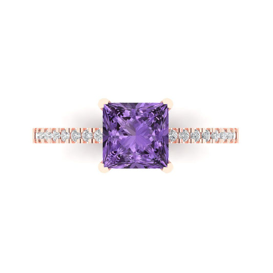 1.62 cttw Simulated Alexandrite Solitaire with Zirconia Simulated Diamond Accents Engagement Ring - Solid Rose Gold (VVS1, Princess Cut,6.5mm)