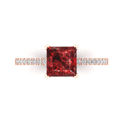 1.62 cttw Natural Garnet Solitaire with Zirconia Simulated Diamond Accents Engagement Ring - Solid Gold (Princess Cut,6.5mm)