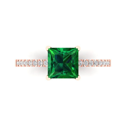 1.62 cttw Simulated Emerald Solitaire with Zirconia Simulated Diamond Accents Engagement Ring - Solid Gold (Princess Cut,6.5mm)