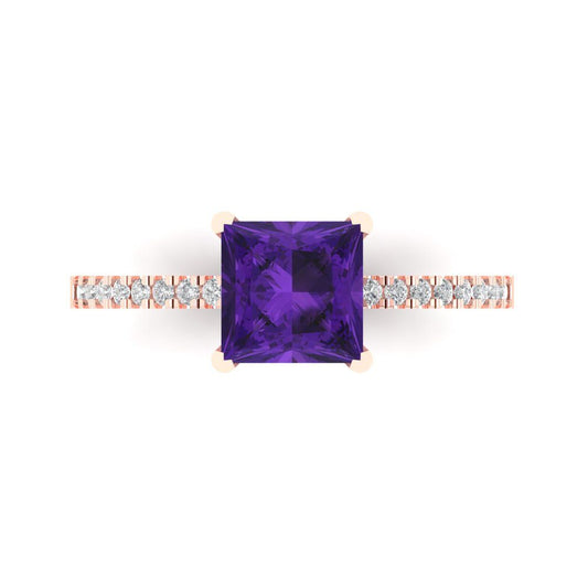 1.62 cttw Natural Amethyst Solitaire with Zirconia Simulated Diamond Accents Engagement Ring - Solid Rose Gold (VVS1, Princess Cut,6.5mm)