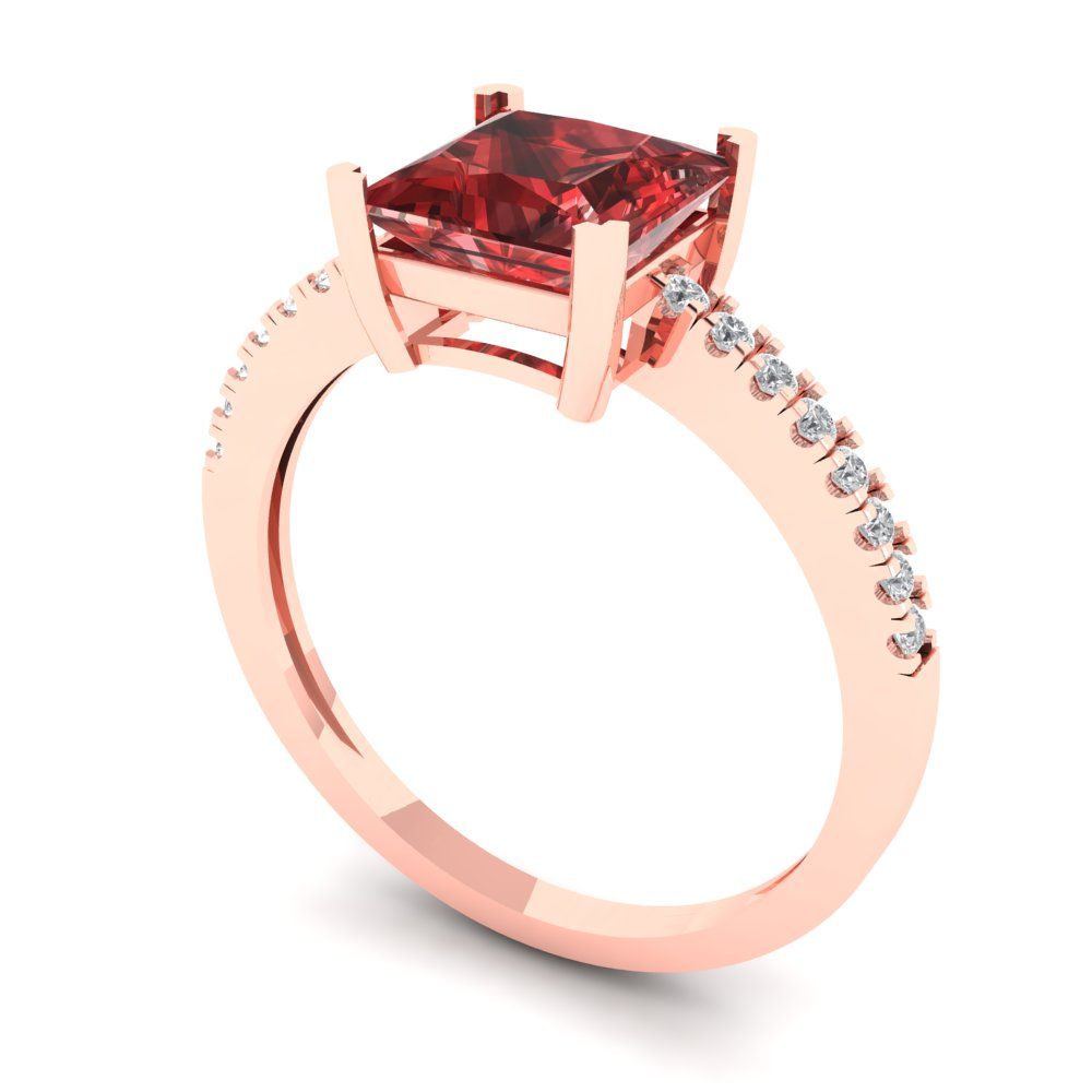 1.62 cttw Natural Garnet Solitaire with Zirconia Simulated Diamond Accents Engagement Ring - Solid Gold (Princess Cut,6.5mm)