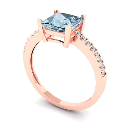 1.62 cttw Natural Sky Blue Topaz Solitaire with Zirconia Simulated Diamond Accents Engagement Ring - Solid Gold (Princess Cut,6.5mm)