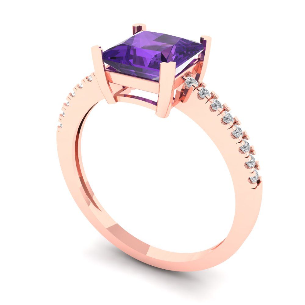 1.62 cttw Natural Amethyst Solitaire with Zirconia Simulated Diamond Accents Engagement Ring - Solid Gold (Princess Cut,6.5mm)
