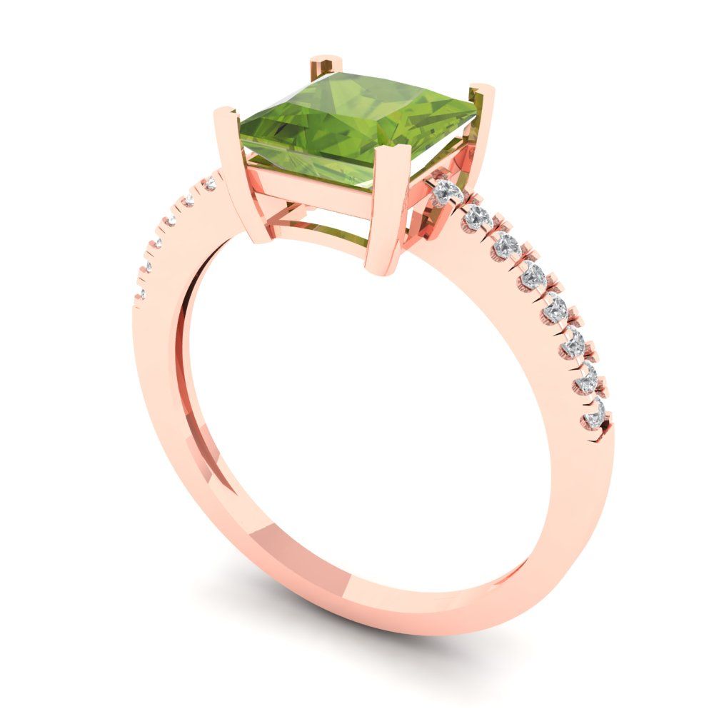 1.62 cttw Natural Peridot Solitaire with Zirconia Simulated Diamond Accents Engagement Ring - Solid Gold (Princess Cut,6.5mm)