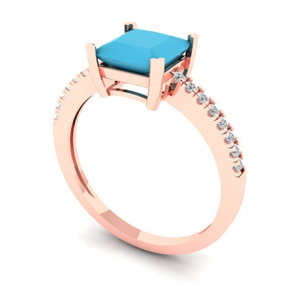 1.62 cttw Simulated Turquoise Solitaire with Zirconia Simulated Diamond Accents Engagement Ring - Solid Gold (Princess Cut,6.5mm)