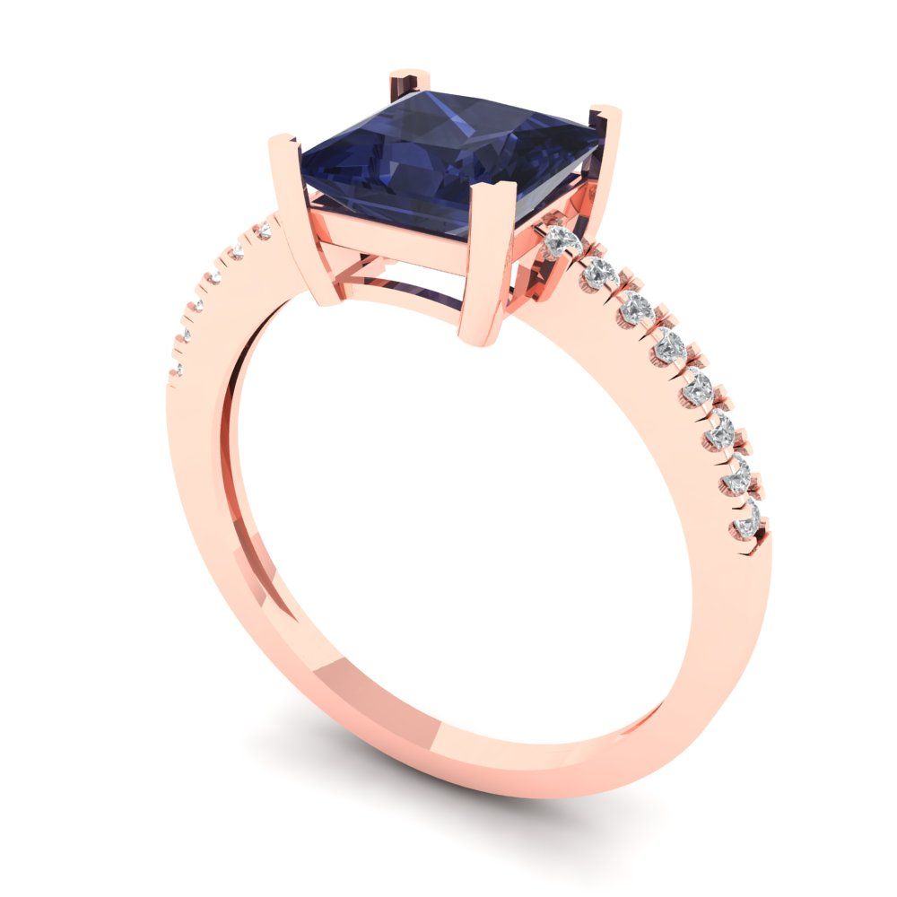 1.62 cttw Simulated Blue Sapphire Solitaire with Zirconia Simulated Diamond Accents Engagement Ring - Solid Gold (Princess Cut,6.5mm)
