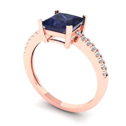 1.62 cttw Simulated Blue Sapphire Solitaire with Zirconia Simulated Diamond Accents Engagement Ring - Solid Gold (Princess Cut,6.5mm)