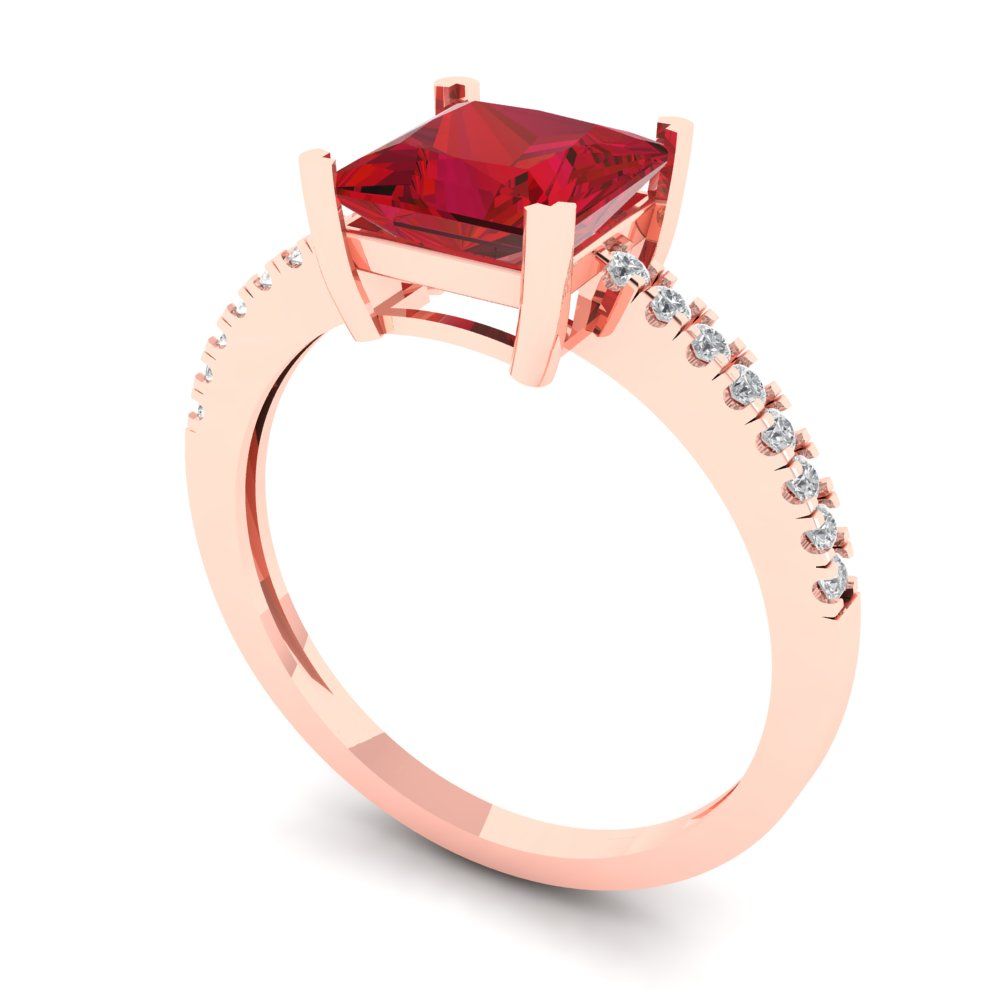 1.62 cttw Simulated Ruby Solitaire with Zirconia Simulated Diamond Accents Engagement Ring - Solid Gold (Princess Cut,6.5mm)