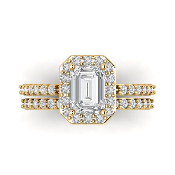 2.22 ct Brilliant Emerald Cut Genuine Cultured Diamond Stone Clarity VS1-2 Color J-K Yellow Gold Halo Solitaire with Accents Bridal Set