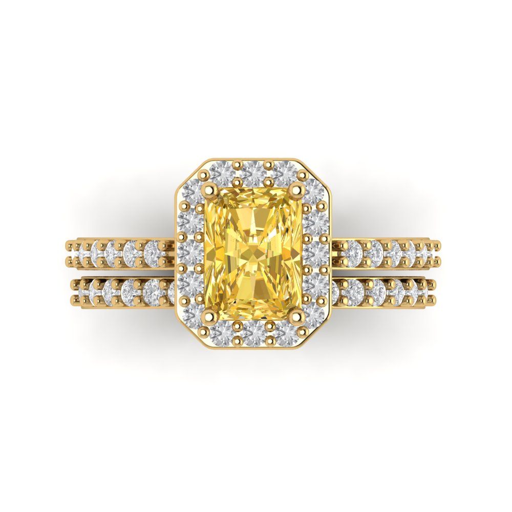 2.16 cttw Emerald Cut Simulated Yellow Diamond Bridal Set - Solid Yellow Gold Engagement Ring & Wedding Band