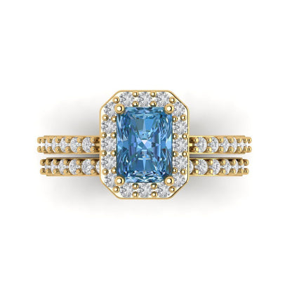 2.16 cttw Emerald Cut Simulated Blue Diamond Bridal Set - Solid Yellow Gold Engagement Ring & Wedding Band