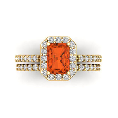 2.16 cttw Emerald Cut Simulated Red Diamond Bridal Set - Solid Yellow Gold Engagement Ring & Wedding Band