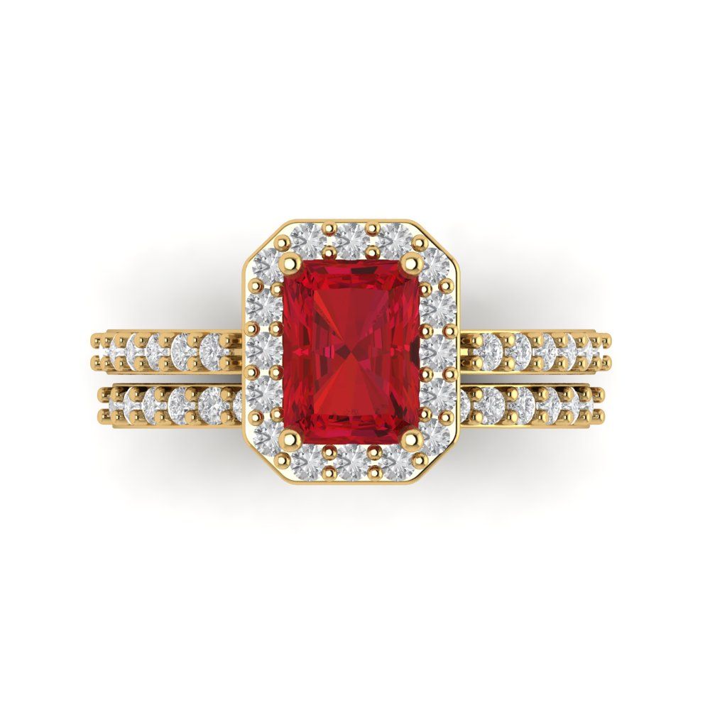 2.16 cttw Emerald Cut Simulated Ruby Bridal Set - Solid Yellow Gold Engagement Ring & Wedding Band