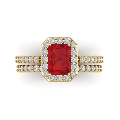 2.16 cttw Emerald Cut Simulated Ruby Bridal Set - Solid Yellow Gold Engagement Ring & Wedding Band