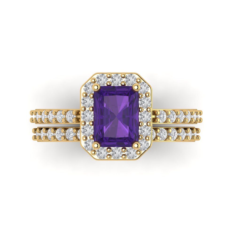 2.16 cttw Emerald Cut Natural Amethyst Bridal Set - Solid Yellow Gold Engagement Ring & Wedding Band