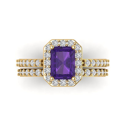 2.16 cttw Emerald Cut Natural Amethyst Bridal Set - Solid Yellow Gold Engagement Ring & Wedding Band