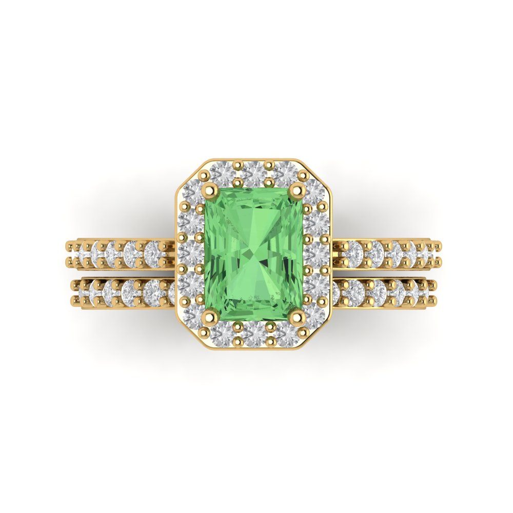 2.16 cttw Emerald Cut Simulated Green Diamond Bridal Set - Solid Yellow Gold Engagement Ring & Wedding Band