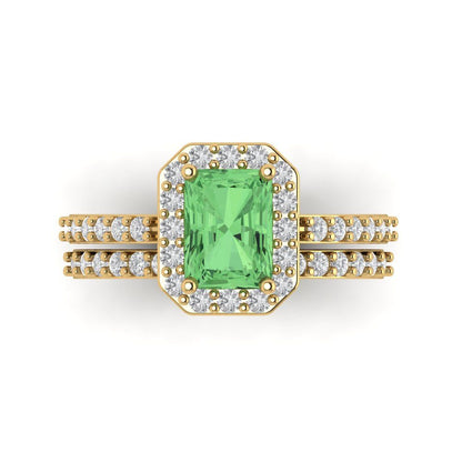 2.16 cttw Emerald Cut Simulated Green Diamond Bridal Set - Solid Yellow Gold Engagement Ring & Wedding Band