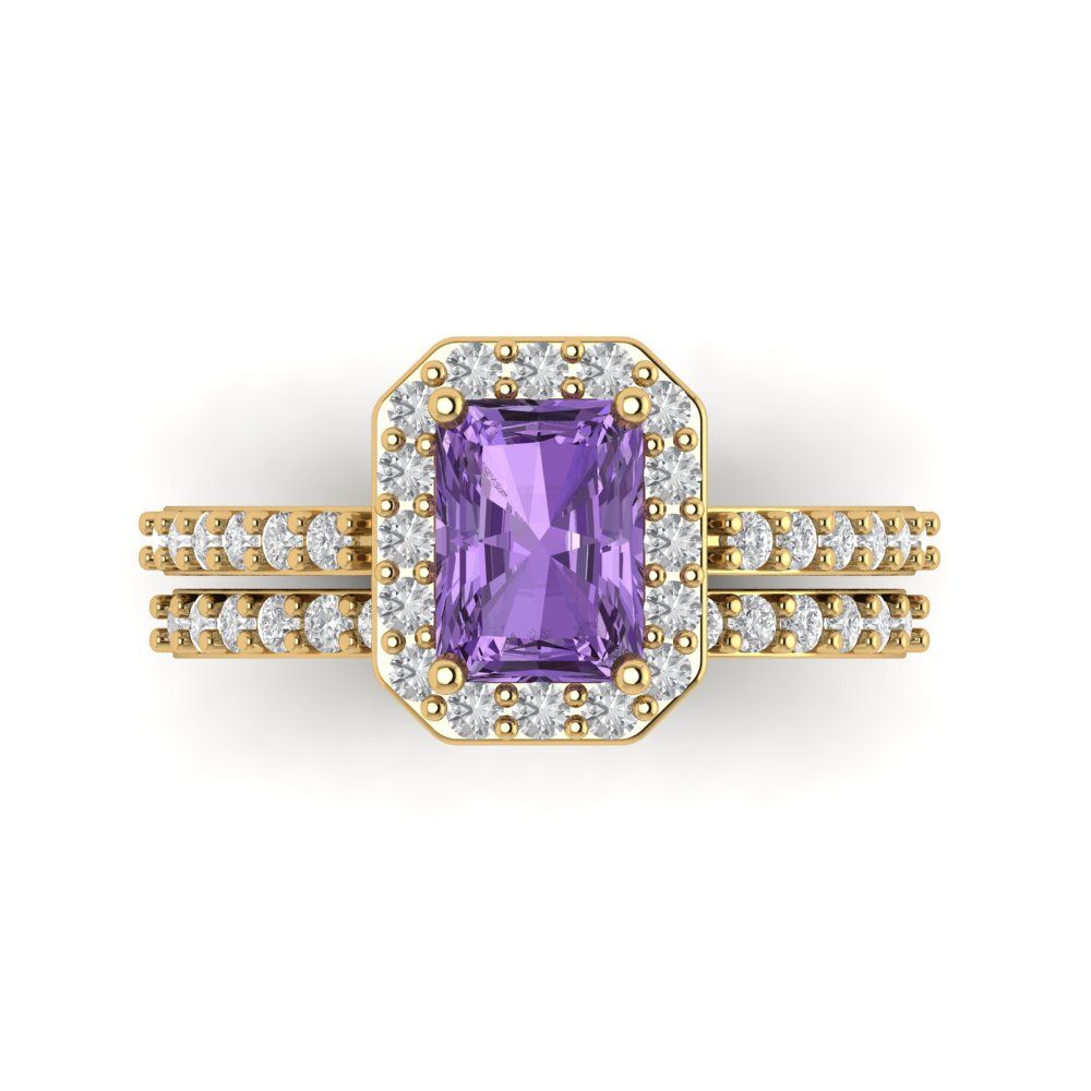 2.16 cttw Emerald Cut Simulated Alexandrite Bridal Set - Solid Yellow Gold Engagement Ring & Wedding Band