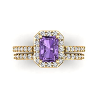 2.16 cttw Emerald Cut Simulated Alexandrite Bridal Set - Solid Yellow Gold Engagement Ring & Wedding Band