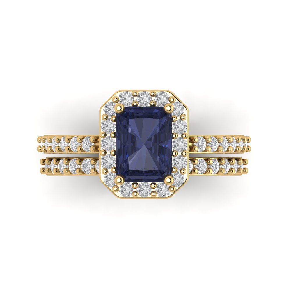 2.16 cttw Emerald Cut Simulated Blue Sapphire Bridal Set - Solid Yellow Gold Engagement Ring & Wedding Band