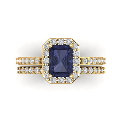 2.16 cttw Emerald Cut Simulated Blue Sapphire Bridal Set - Solid Yellow Gold Engagement Ring & Wedding Band