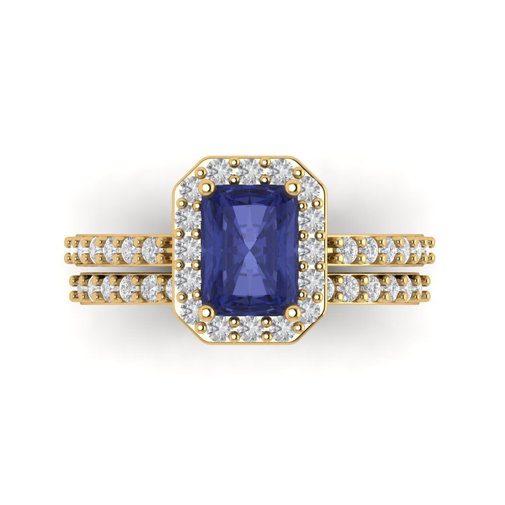 2.16 cttw Emerald Cut Simulated Tanzanite Bridal Set - Solid Yellow Gold Engagement Ring & Wedding Band