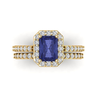 2.16 cttw Emerald Cut Simulated Tanzanite Bridal Set - Solid Yellow Gold Engagement Ring & Wedding Band