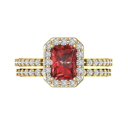 2.16 cttw Emerald Cut Natural Garnet Bridal Set - Solid Yellow Gold Engagement Ring & Wedding Band